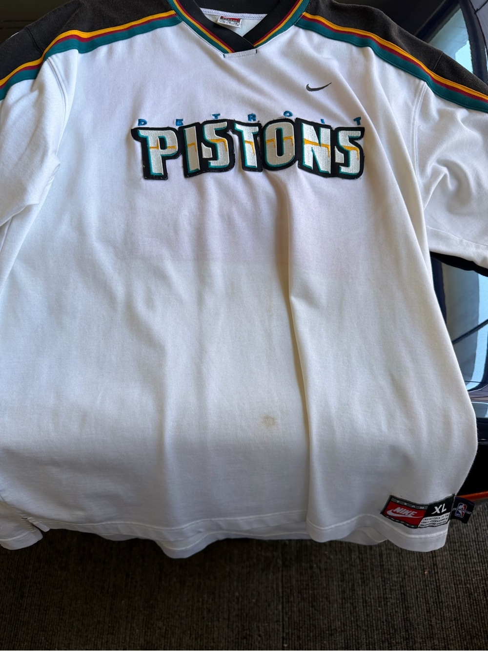 Nike White Pistons Short-Sleeve Jersey with Teal, Yellow & Black Trim